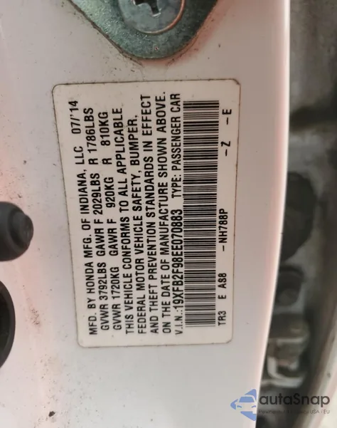 2014 Honda Civic Exl from USA, damaged, VIN 19XFB2F98EE070883